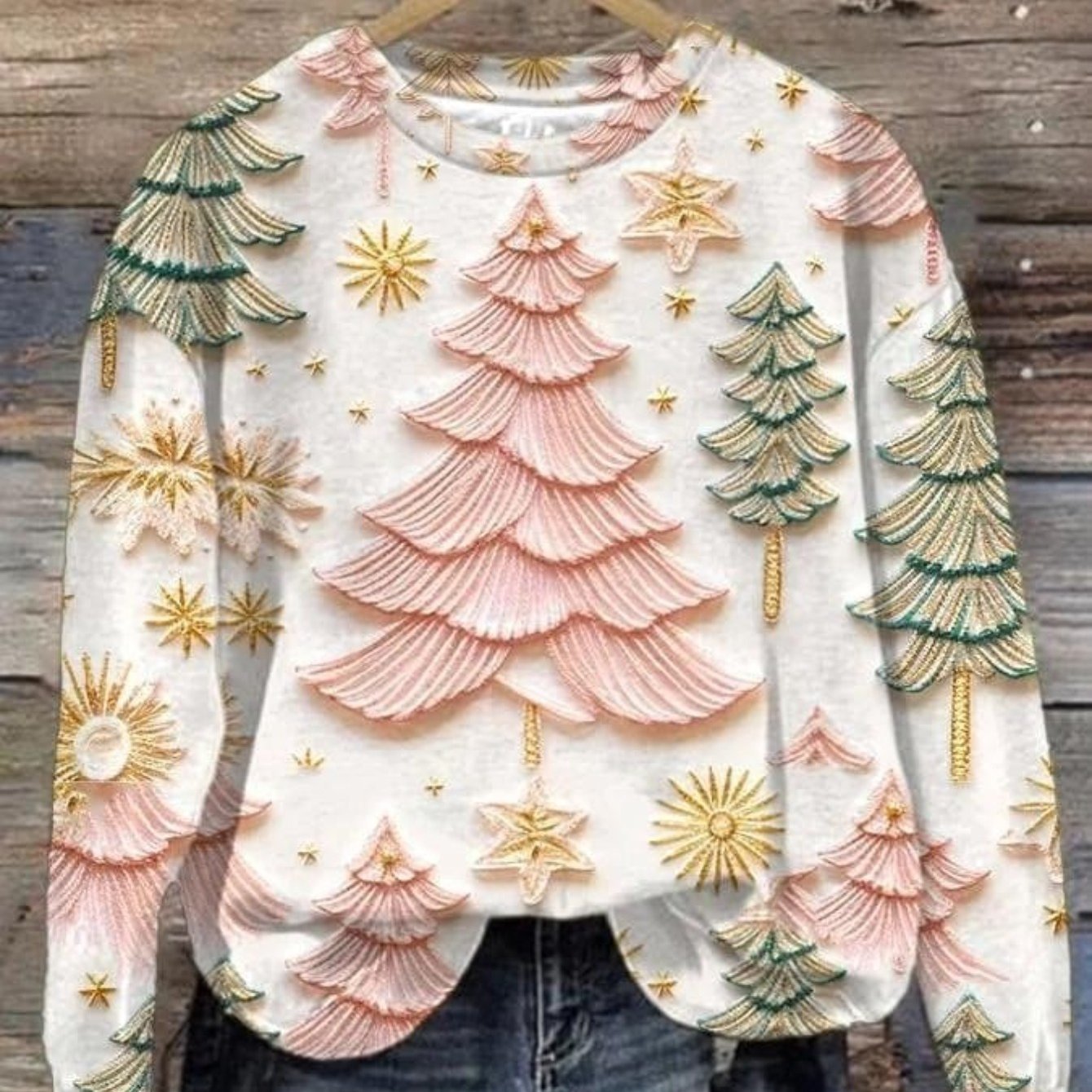 Plus Size, Women's Oversized Christmas Sweater T-Shirt - 3D Snow Pine Tree Print Beige & Winter Pullover, Cozy Casual All-Season Sweater Vest Top, Machine Washable Holiday Party Outfit (Large Size)