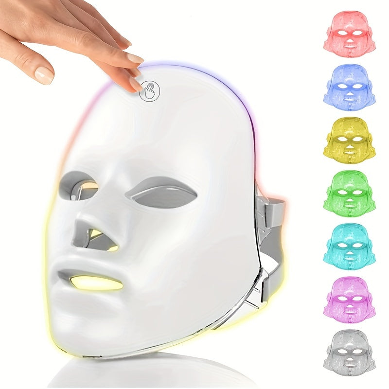 7-Color LED Facial Mask - Rechargeable USB Beauty Device for Home Use, Fragrance-Free, 400mAh Battery, White Design with Strap & Button Controls, Perfect Holiday Gift for Women, Skincare Routine | Neutral Color | Ergonomic Co