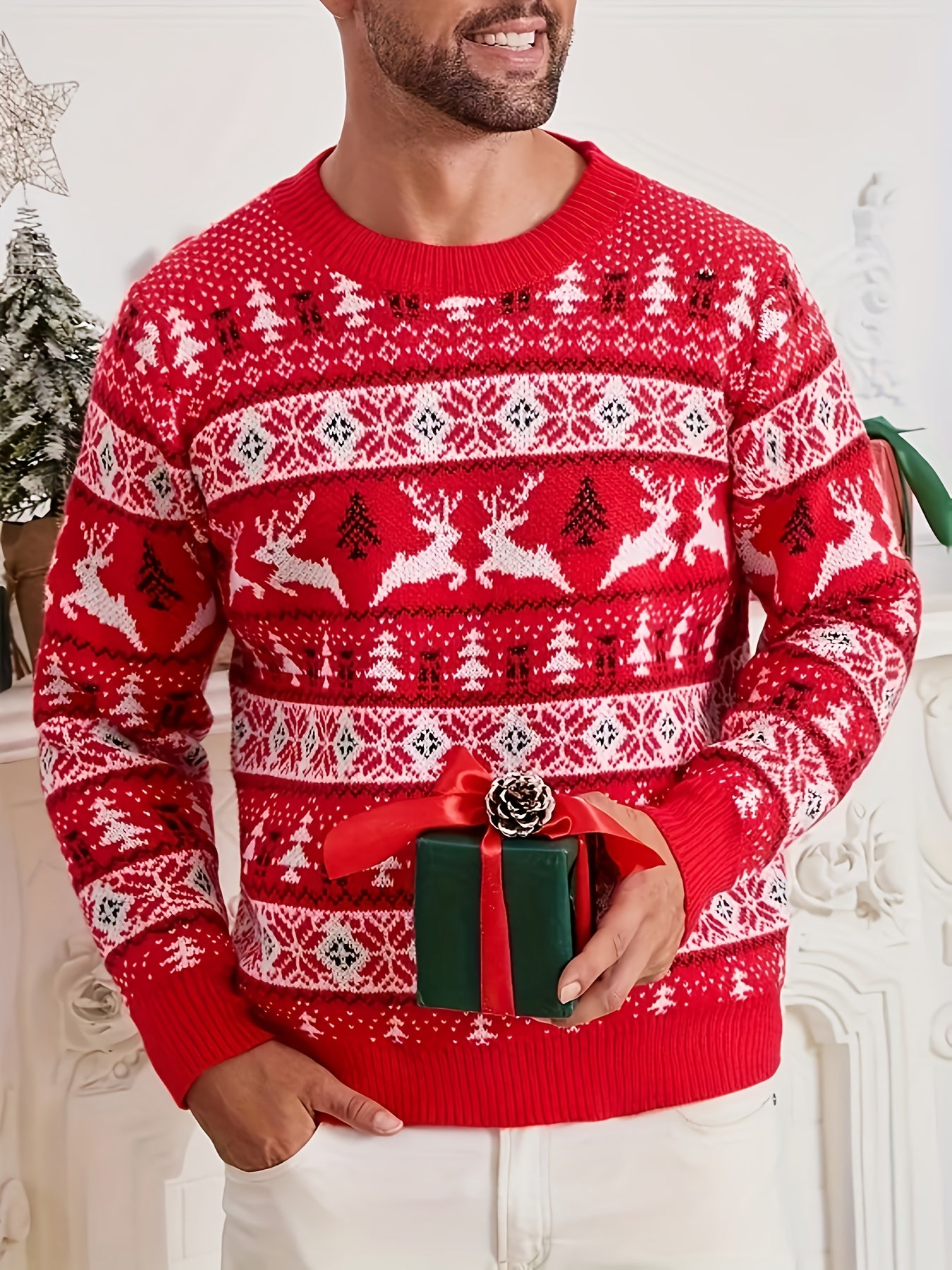 Men'S Christmas Sweater - Red & Holiday Pullover with Snowflake Pattern, Loose Fit Crewneck Sweater for Christmas Party Outfits, Knit
