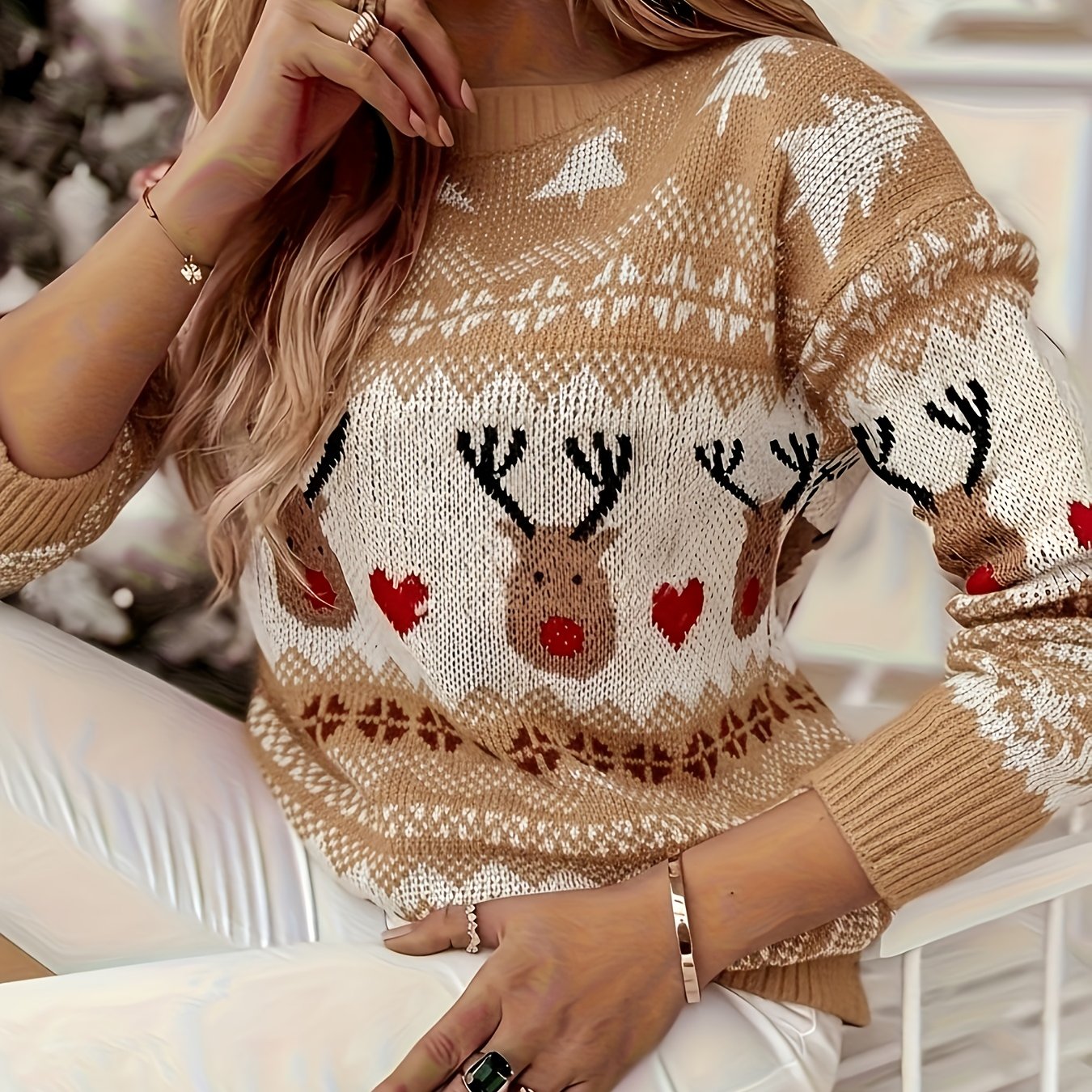 [Christmas Holiday Sweater] Women's Elegant Christmas Sweater - Red & Holiday Sweater with Reindeer, Long Sleeve Pullover for Christmas Party, Office, Fashion Lovers, Stylish Top, Durable Material, Classic Knitwear, Seasonal