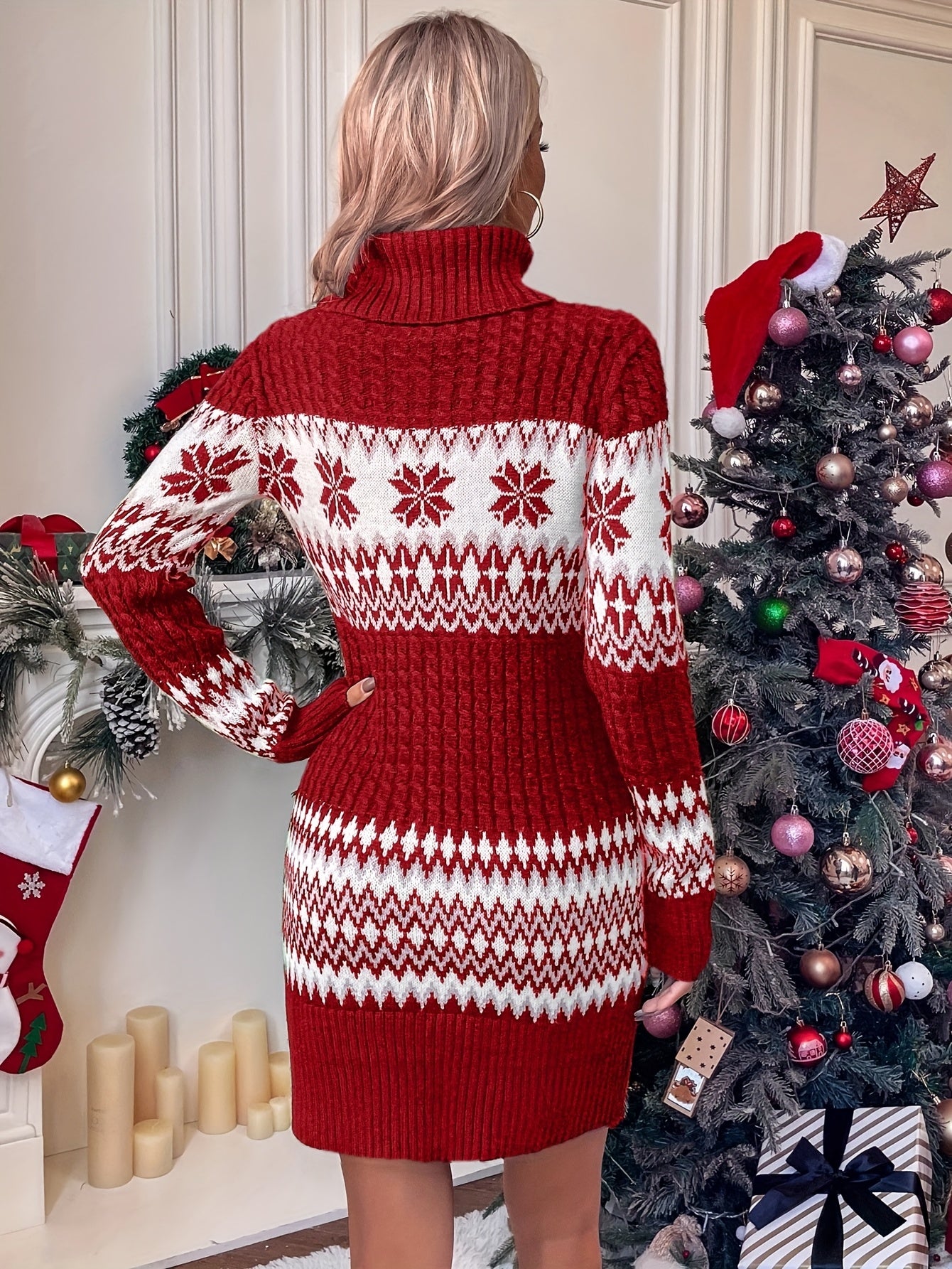 Women'S Christmas Sweater Dress - Red & Snowflake Pattern, High Neck Long Sleeve Winter Party Dress, Cozy Holiday Outfit for Christmas, New Year'S Eve