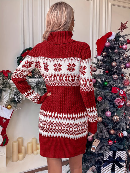 Women'S Christmas Sweater Dress - Red & Snowflake Pattern, High Neck Long Sleeve Winter Party Dress, Cozy Holiday Outfit for Christmas, New Year'S Eve