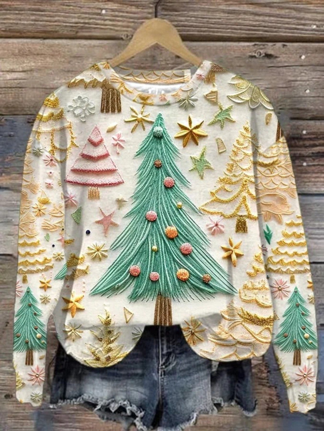 Plus Size, Women's Oversized Christmas Sweater T-Shirt - 3D Snow Pine Tree Print Beige & Winter Pullover, Cozy Casual All-Season Sweater Vest Top, Machine Washable Holiday Party Outfit (Large Size)