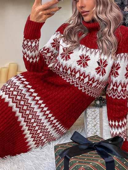 Women'S Christmas Sweater Dress - Red & Snowflake Pattern, High Neck Long Sleeve Winter Party Dress, Cozy Holiday Outfit for Christmas, New Year'S Eve