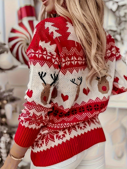 [Christmas Holiday Sweater] Women's Elegant Christmas Sweater - Red & Holiday Sweater with Reindeer, Long Sleeve Pullover for Christmas Party, Office, Fashion Lovers, Stylish Top, Durable Material, Classic Knitwear, Seasonal