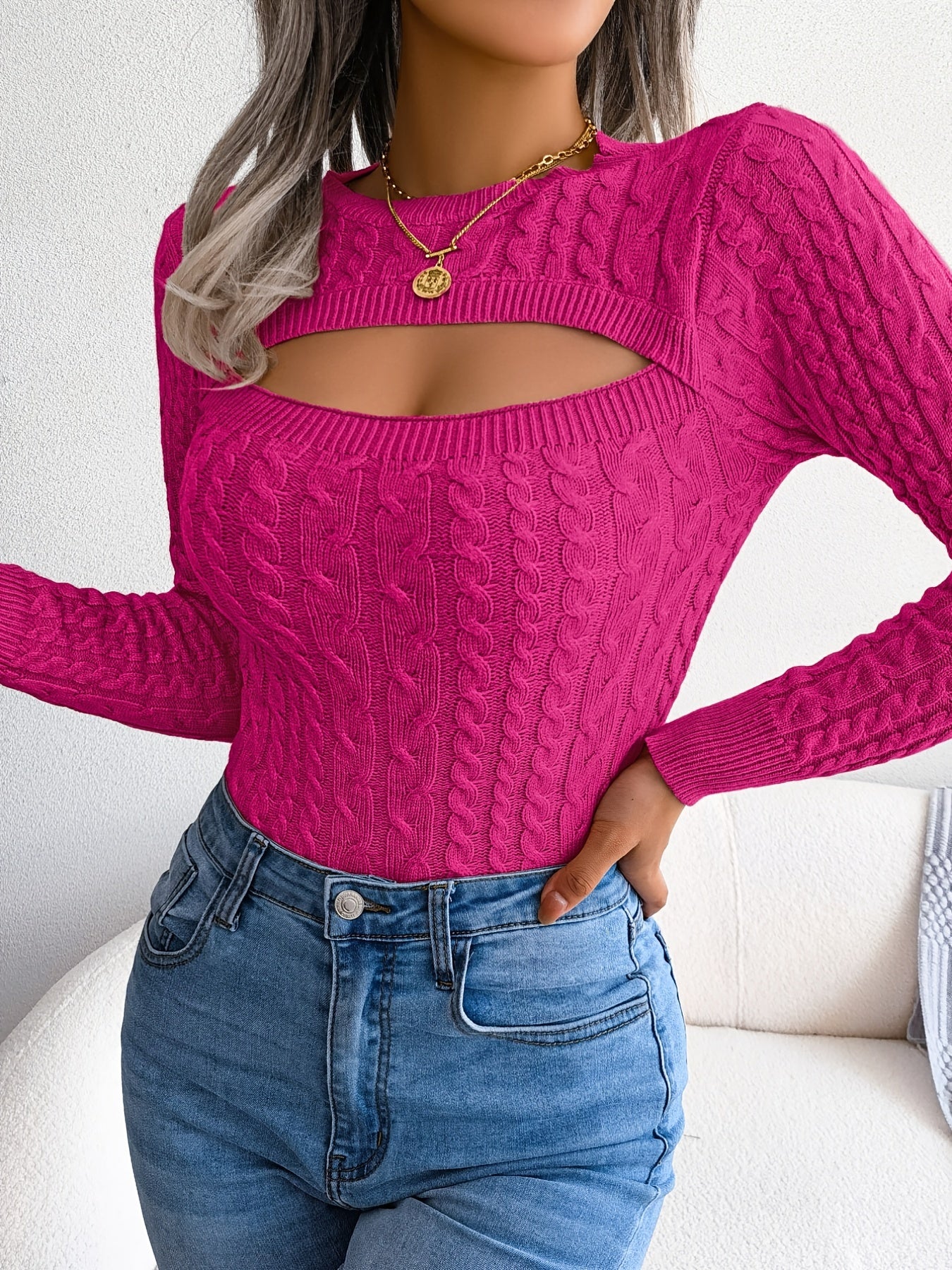 Women'S Long Sleeve Hollow Sweater | High Stretch Fabric, Crew Neck, Sexy Slim Fit, Autumn/Winter