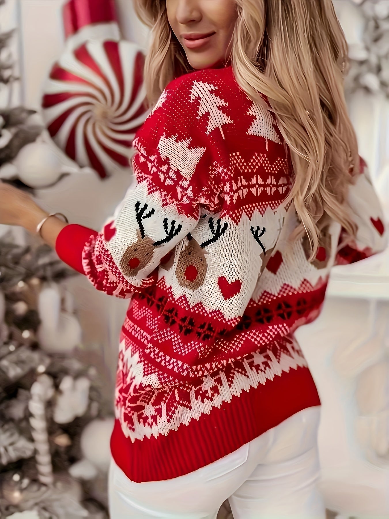 [Christmas Holiday Sweater] Women's Elegant Christmas Sweater - Red & Holiday Sweater with Reindeer, Long Sleeve Pullover for Christmas Party, Office, Fashion Lovers, Stylish Top, Durable Material, Classic Knitwear, Seasonal