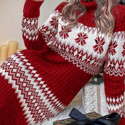 Women'S Christmas Sweater Dress - Red & Snowflake Pattern, High Neck Long Sleeve Winter Party Dress, Cozy Holiday Outfit for Christmas, New Year'S Eve