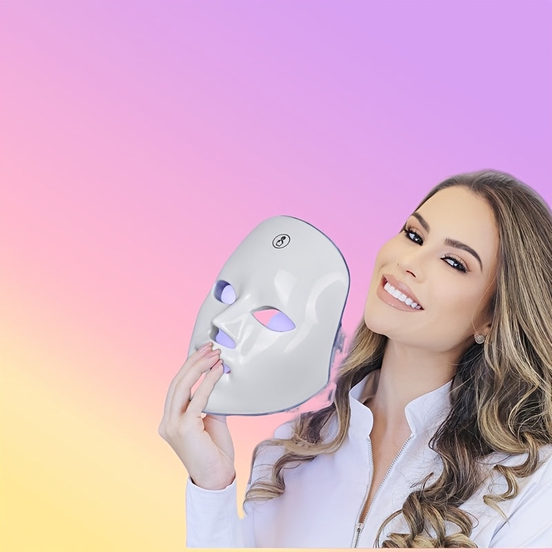 7-Color LED Facial Mask - Rechargeable USB Beauty Device for Home Use, Fragrance-Free, 400mAh Battery, White Design with Strap & Button Controls, Perfect Holiday Gift for Women, Skincare Routine | Neutral Color | Ergonomic Co