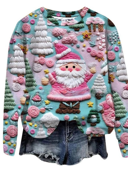 Plus Size, Women's Oversized Christmas Sweater T-Shirt - 3D Snow Pine Tree Print Beige & Winter Pullover, Cozy Casual All-Season Sweater Vest Top, Machine Washable Holiday Party Outfit (Large Size)