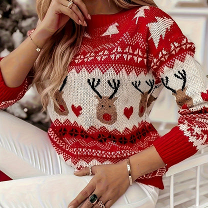 [Christmas Holiday Sweater] Women's Elegant Christmas Sweater - Red & Holiday Sweater with Reindeer, Long Sleeve Pullover for Christmas Party, Office, Fashion Lovers, Stylish Top, Durable Material, Classic Knitwear, Seasonal