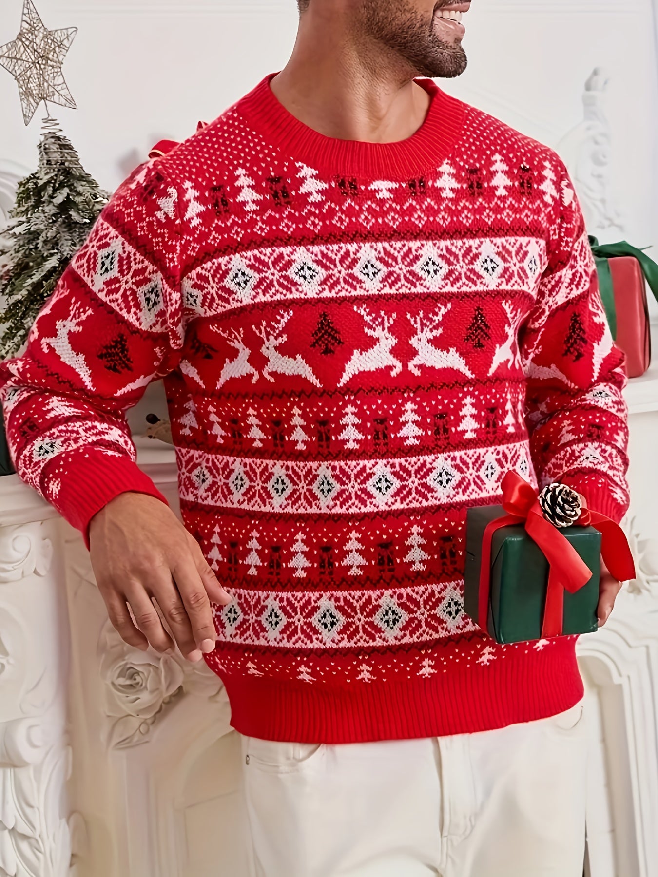 Men'S Christmas Sweater - Red & Holiday Pullover with Snowflake Pattern, Loose Fit Crewneck Sweater for Christmas Party Outfits, Knit