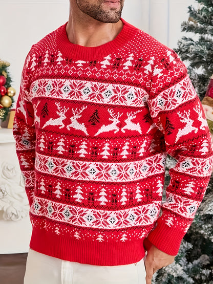 Men'S Christmas Sweater - Red & Holiday Pullover with Snowflake Pattern, Loose Fit Crewneck Sweater for Christmas Party Outfits, Knit