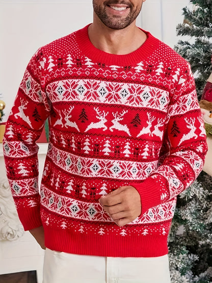 Men'S Christmas Sweater - Red & Holiday Pullover with Snowflake Pattern, Loose Fit Crewneck Sweater for Christmas Party Outfits, Knit