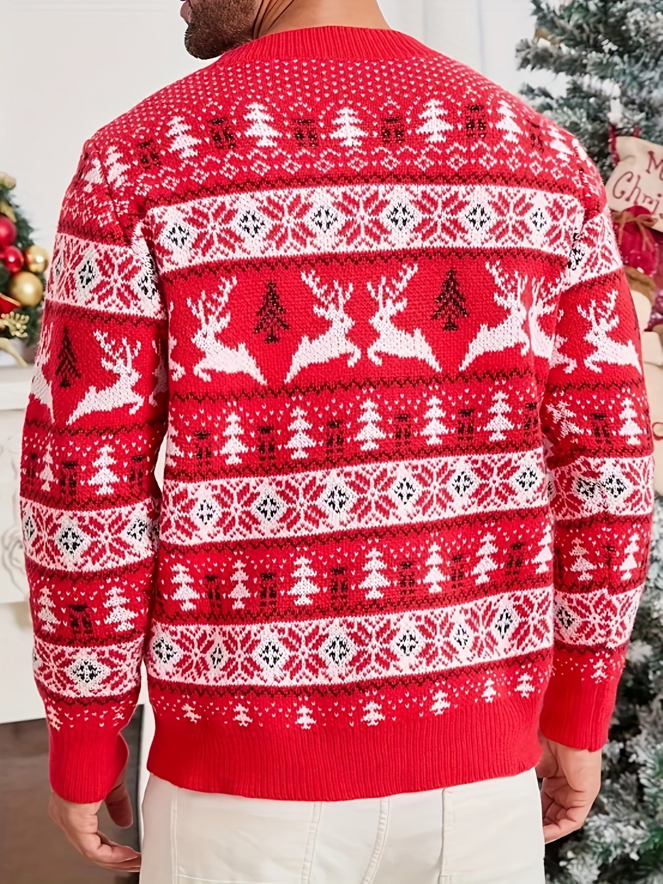 Men'S Christmas Sweater - Red & Holiday Pullover with Snowflake Pattern, Loose Fit Crewneck Sweater for Christmas Party Outfits, Knit