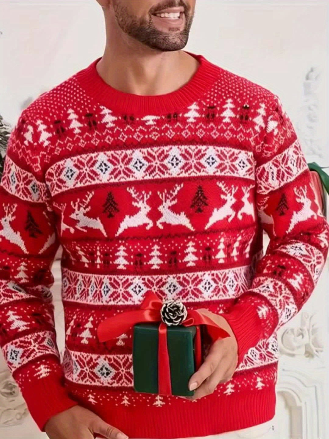 Men'S Christmas Sweater - Red & Holiday Pullover with Snowflake Pattern, Loose Fit Crewneck Sweater for Christmas Party Outfits, Knit