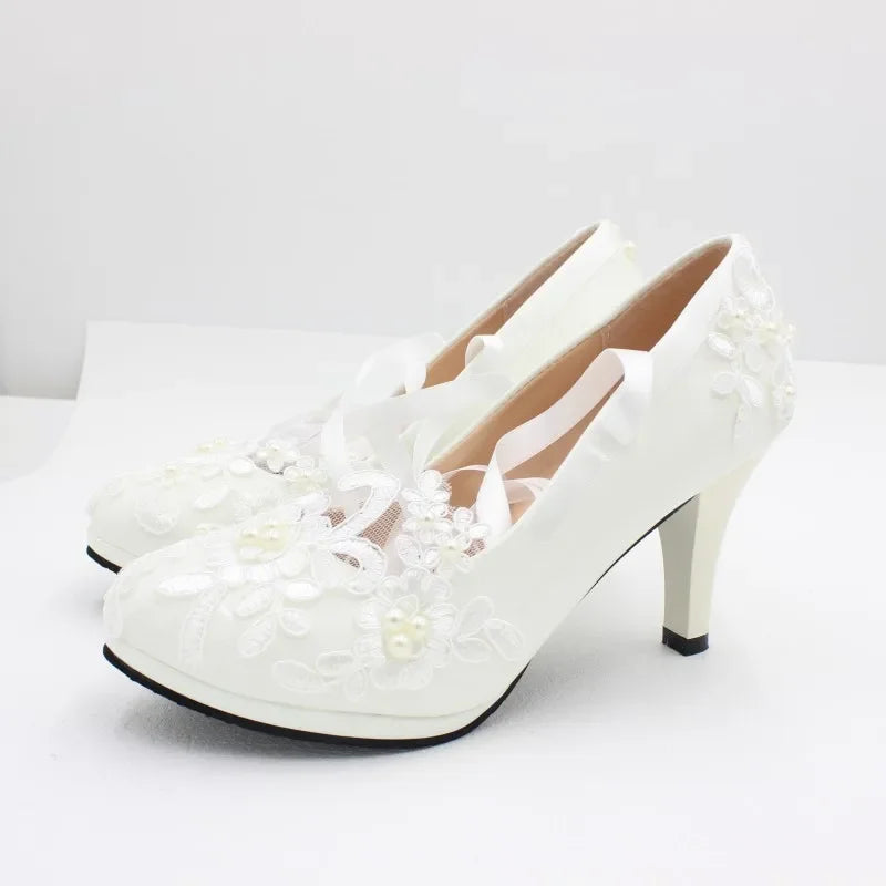 Luxury White Wedding Pumps Shoes Women PU 3 5 8CM Thin Heels Fashion Flower Shallow PEARL Lace Women Heeled Party Shoes