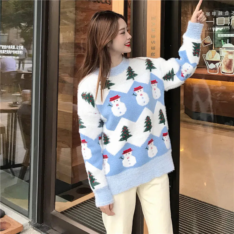 2024 Ugly Christmas Sweater autumn and winter new fashion thickening hippocampus Christmas snowman sweater sweater coat female