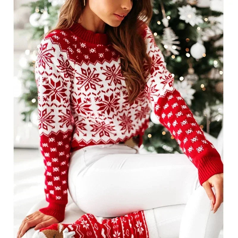 2025 New Year's Knitting Clothes Women Christmas Sweater Snowflak Print Full Sleeve Knitwear Warm Soft Pullover Jacquard Jumpers