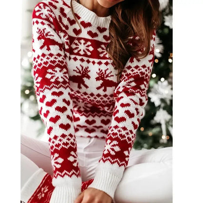 2025 New Year's Knitting Clothes Women Christmas Sweater Snowflak Print Full Sleeve Knitwear Warm Soft Pullover Jacquard Jumpers