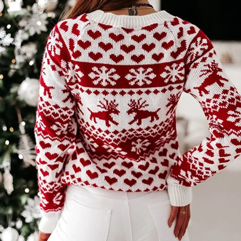 2025 New Year's Knitting Clothes Women Christmas Sweater Snowflak Print Full Sleeve Knitwear Warm Soft Pullover Jacquard Jumpers