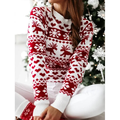 2025 New Year's Knitting Clothes Women Christmas Sweater Snowflak Print Full Sleeve Knitwear Warm Soft Pullover Jacquard Jumpers