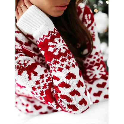 2025 New Year's Knitting Clothes Women Christmas Sweater Snowflak Print Full Sleeve Knitwear Warm Soft Pullover Jacquard Jumpers