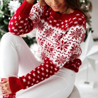 2025 New Year's Knitting Clothes Women Christmas Sweater Snowflak Print Full Sleeve Knitwear Warm Soft Pullover Jacquard Jumpers