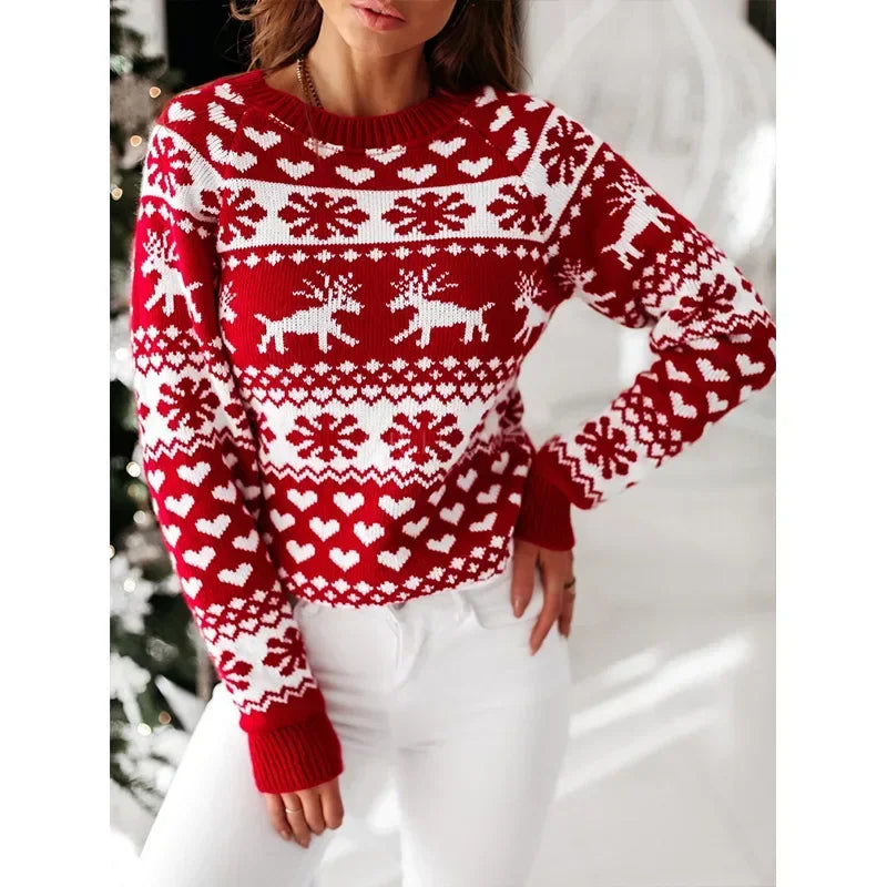 2025 New Year's Knitting Clothes Women Christmas Sweater Snowflak Print Full Sleeve Knitwear Warm Soft Pullover Jacquard Jumpers