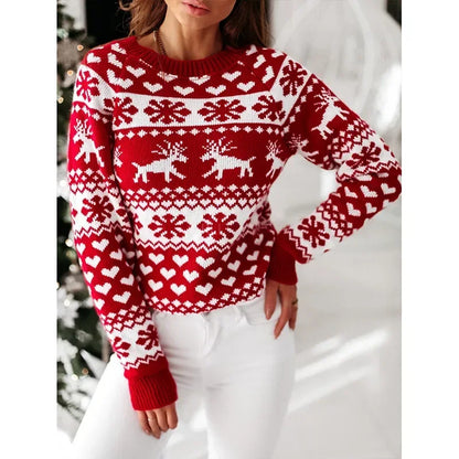 2025 New Year's Knitting Clothes Women Christmas Sweater Snowflak Print Full Sleeve Knitwear Warm Soft Pullover Jacquard Jumpers