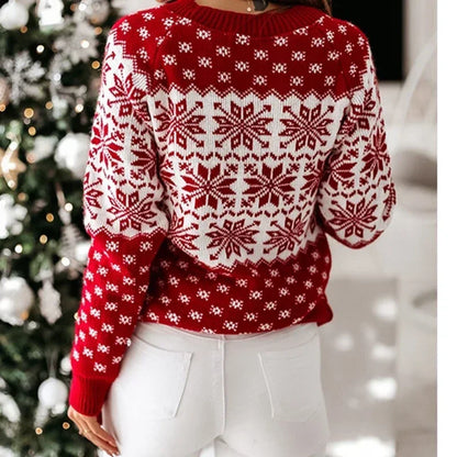 2025 New Year's Knitting Clothes Women Christmas Sweater Snowflak Print Full Sleeve Knitwear Warm Soft Pullover Jacquard Jumpers