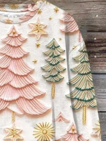 Plus Size, Women's Oversized Christmas Sweater T-Shirt - 3D Snow Pine Tree Print Beige & Winter Pullover, Cozy Casual All-Season Sweater Vest Top, Machine Washable Holiday Party Outfit (Large Size)