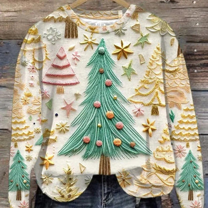 Plus Size, Women's Oversized Christmas Sweater T-Shirt - 3D Snow Pine Tree Print Beige & Winter Pullover, Cozy Casual All-Season Sweater Vest Top, Machine Washable Holiday Party Outfit (Large Size)