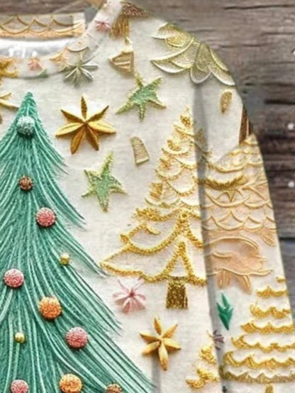 Plus Size, Women's Oversized Christmas Sweater T-Shirt - 3D Snow Pine Tree Print Beige & Winter Pullover, Cozy Casual All-Season Sweater Vest Top, Machine Washable Holiday Party Outfit (Large Size)
