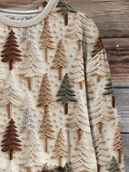 Plus Size, Women's Oversized Christmas Sweater T-Shirt - 3D Snow Pine Tree Print Beige & Winter Pullover, Cozy Casual All-Season Sweater Vest Top, Machine Washable Holiday Party Outfit (Large Size)