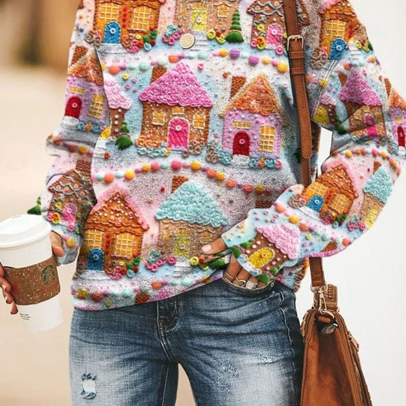 Plus Size, Women's Oversized Christmas Sweater T-Shirt - 3D Snow Pine Tree Print Beige & Winter Pullover, Cozy Casual All-Season Sweater Vest Top, Machine Washable Holiday Party Outfit (Large Size)