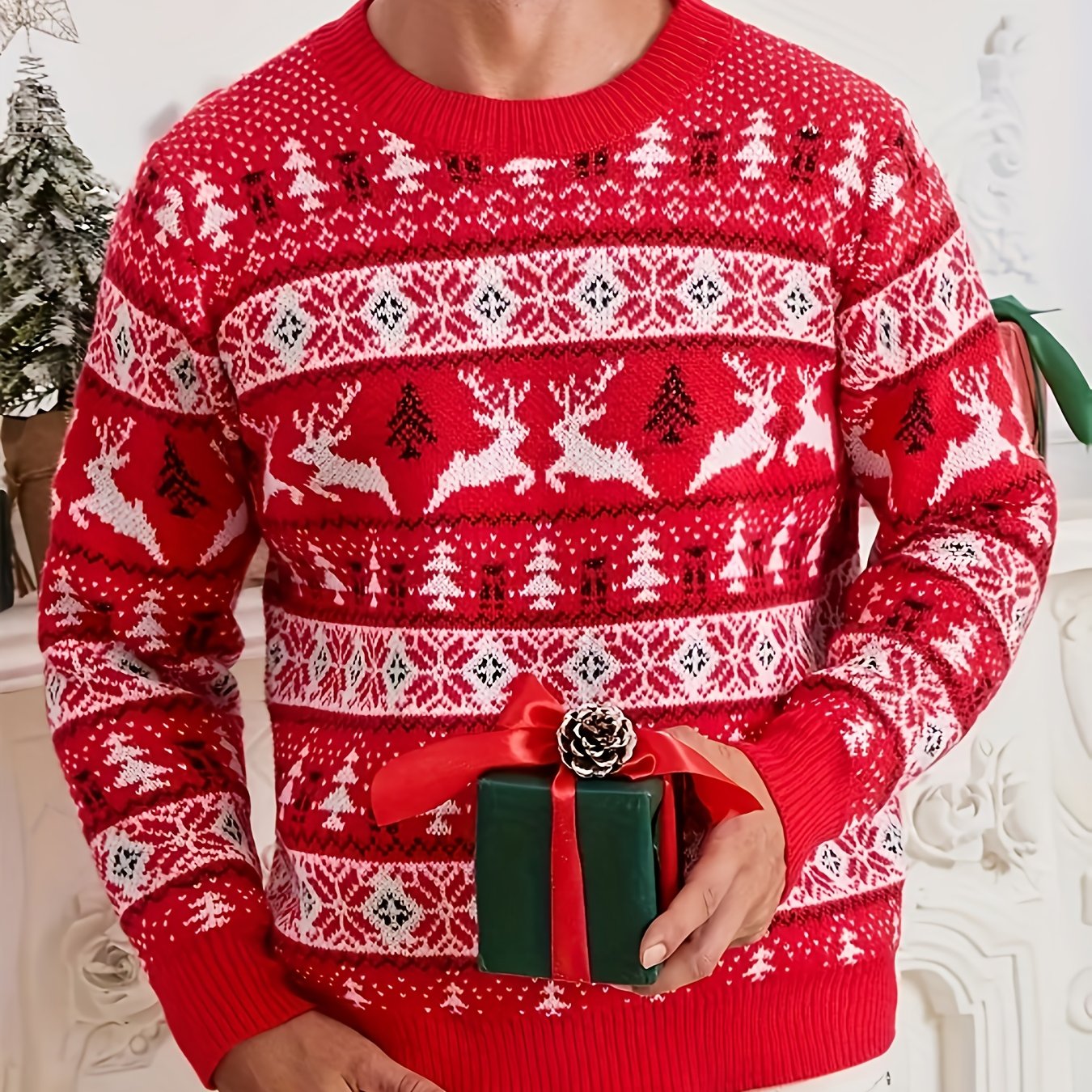 Men'S Christmas Sweater - Red & Holiday Pullover with Snowflake Pattern, Loose Fit Crewneck Sweater for Christmas Party Outfits, Knit