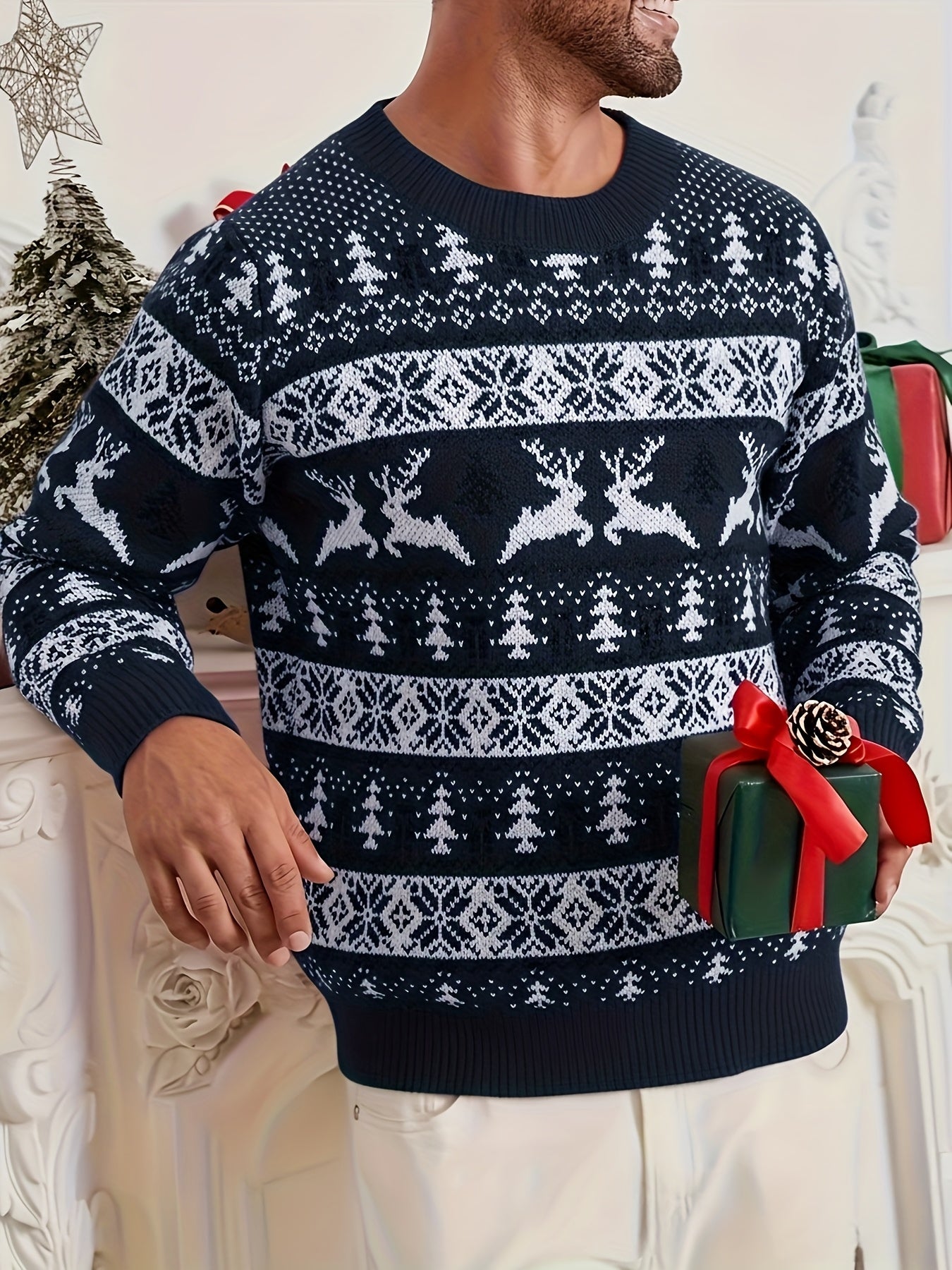 Men'S Christmas Sweater - Red & Holiday Pullover with Snowflake Pattern, Loose Fit Crewneck Sweater for Christmas Party Outfits, Knit