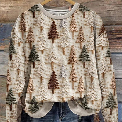 Plus Size, Women's Oversized Christmas Sweater T-Shirt - 3D Snow Pine Tree Print Beige & Winter Pullover, Cozy Casual All-Season Sweater Vest Top, Machine Washable Holiday Party Outfit (Large Size)