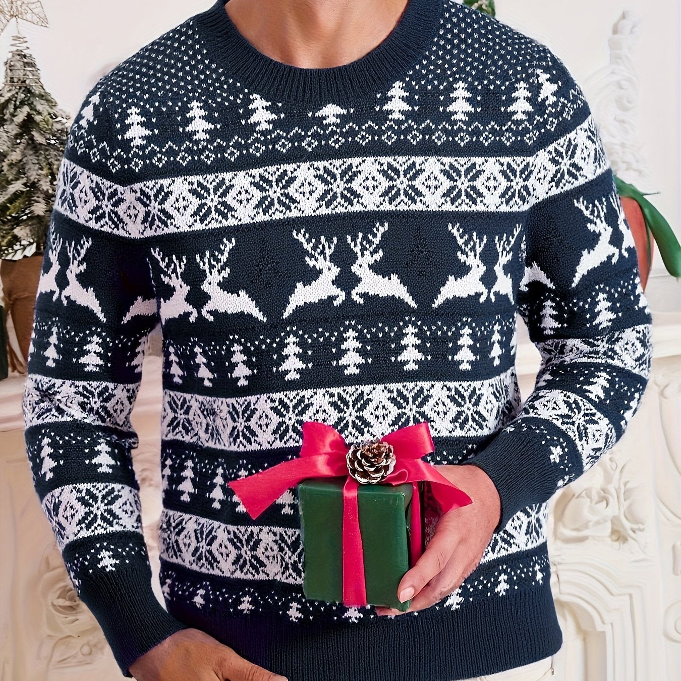 Men'S Christmas Sweater - Red & Holiday Pullover with Snowflake Pattern, Loose Fit Crewneck Sweater for Christmas Party Outfits, Knit