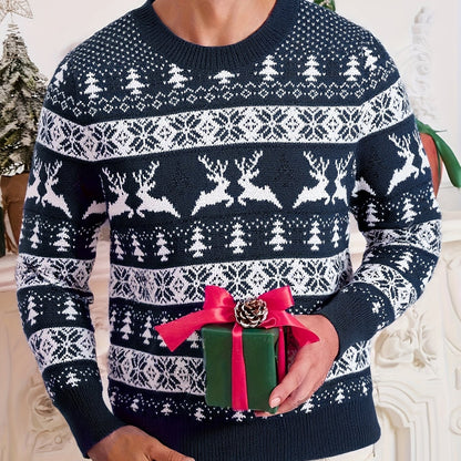 Men'S Christmas Sweater - Red & Holiday Pullover with Snowflake Pattern, Loose Fit Crewneck Sweater for Christmas Party Outfits, Knit