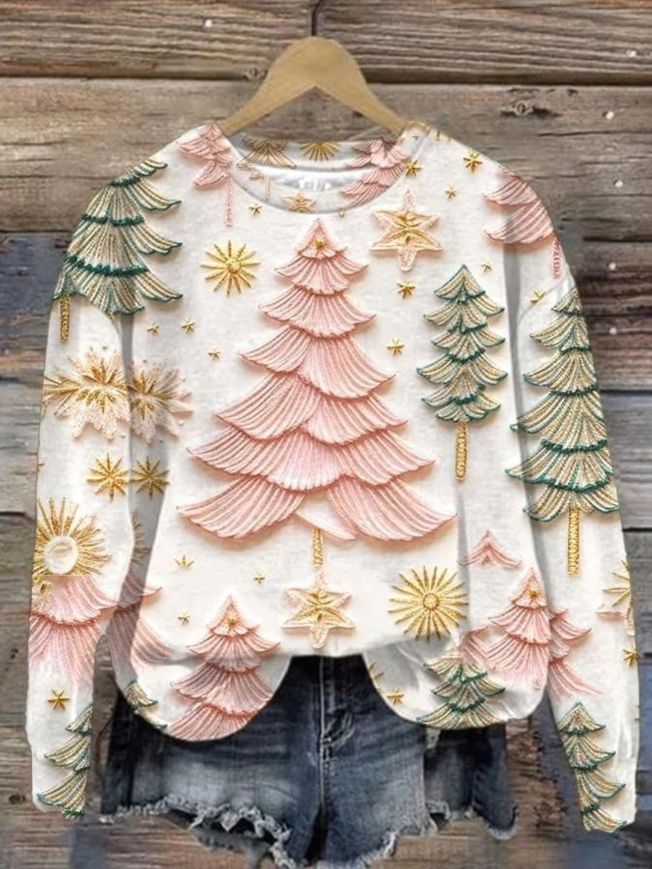 Plus Size, Women's Oversized Christmas Sweater T-Shirt - 3D Snow Pine Tree Print Beige & Winter Pullover, Cozy Casual All-Season Sweater Vest Top, Machine Washable Holiday Party Outfit (Large Size)