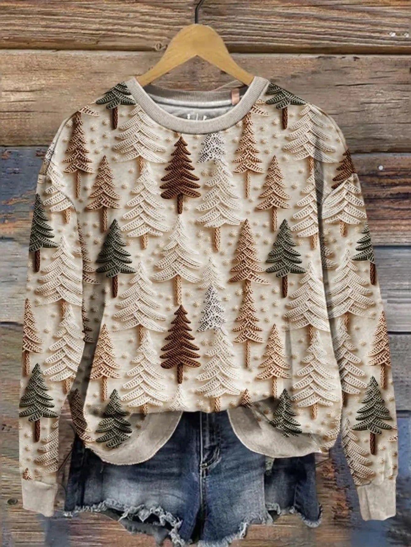 Plus Size, Women's Oversized Christmas Sweater T-Shirt - 3D Snow Pine Tree Print Beige & Winter Pullover, Cozy Casual All-Season Sweater Vest Top, Machine Washable Holiday Party Outfit (Large Size)